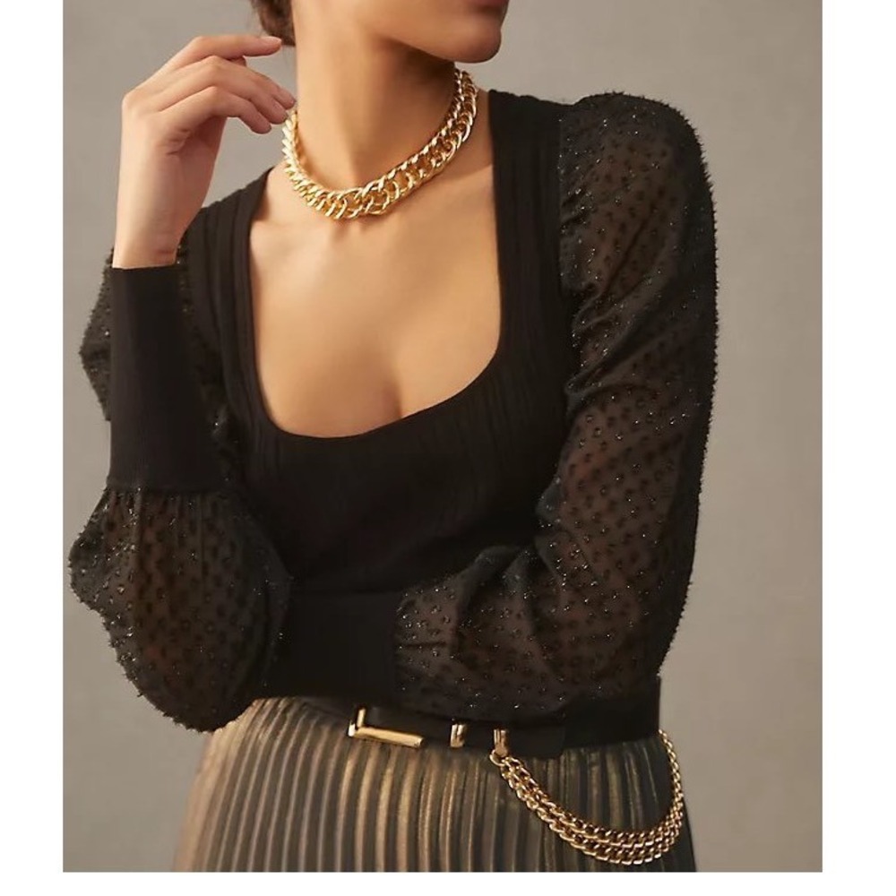 Anthropologie Puff Sleeve Shimmer Sweater Black Ribbed Knit Top Sheer  Elevated